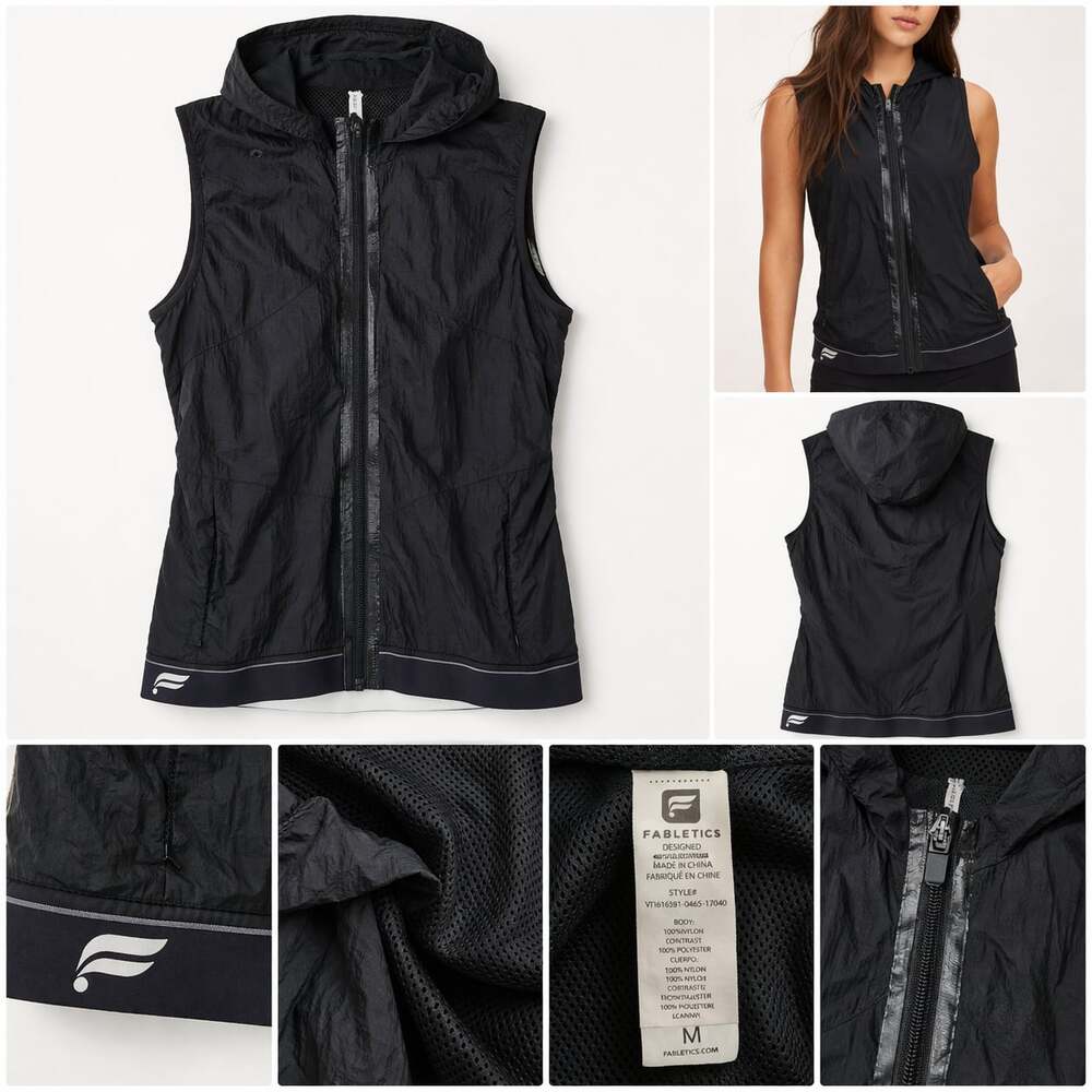 Fabletics Black Hooded Full Zip Windbreaker Vest Size M